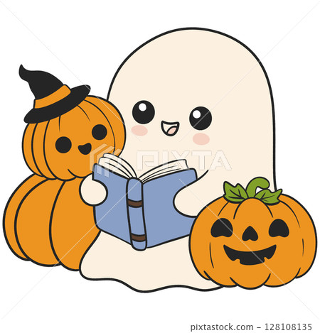 halloween cute ghost reading a book to a little pumpkin in flat cartoon style, cozy and kid friendly fall illustration 128108135