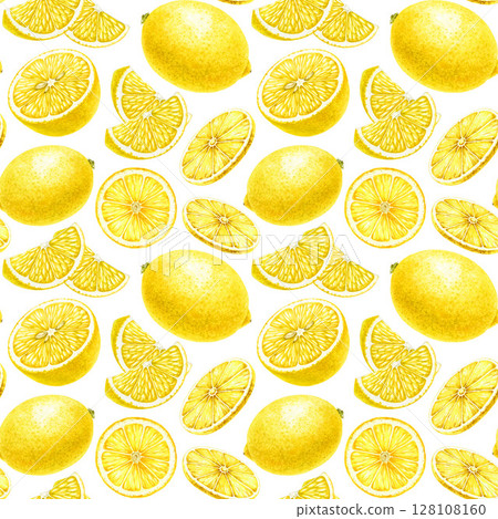 Lemon fruit on white background seamless pattern. Hand drawn vintage style watercolor illustration. Fresh citrus yellow lemon fruit whole, cut and slice isolated on white background pattern design Lemon fruit on white background seamless pattern. Hand drawn vintage style watercolor illustration. Fresh citrus yellow lemon fruit whole, cut and slice isolated on white background pattern design 128108160