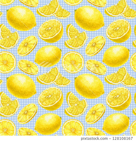Fresh yellow lemons fruit on checkered background seamless pattern. Hand drawn vintage style watercolor illustration. Citrus fruit whole, cut and slice seamless pattern decor element 128108167
