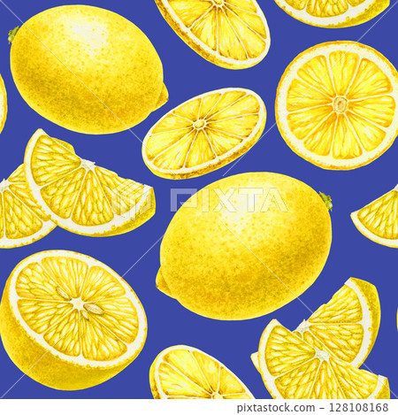Fresh yellow lemons fruit seamless pattern decor element. Hand drawn vintage style watercolor illustration. Citrus fruit whole, cut and slice seamless pattern on dark blue background Fresh yellow lemons fruit seamless pattern decor element. Hand drawn vintage style watercolor illustration. Citrus fruit whole, cut and slice seamless pattern on dark blue background 128108168