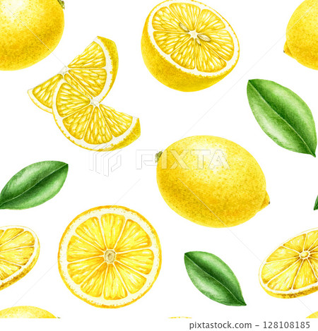 Fresh lemon fruits, green leaves on white background seamless pattern. Hand drawn vintage style watercolor illustration. Citrus yellow lemon fruit whole, cut and slice seamless pattern element Fresh lemon fruits, green leaves on white background seamless pattern. Hand drawn vintage style watercolor illustration. Citrus yellow lemon fruit whole, cut and slice seamless pattern element 128108185