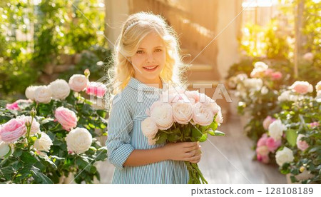 Girl holding a pure white bouquet/Wedding flower bouquet 128108189