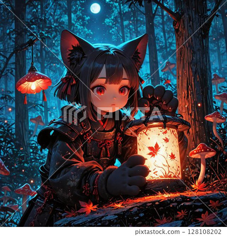 Curious Anime Girl with Fox Ears and Glowing Lantern in Forest 128108202