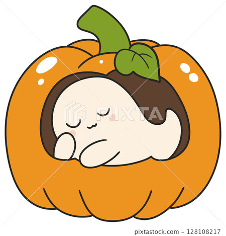 halloween cute ghost sleeping inside a pumpkin in cozy flat cartoon style, perfect for autumn themed illustrations 128108217