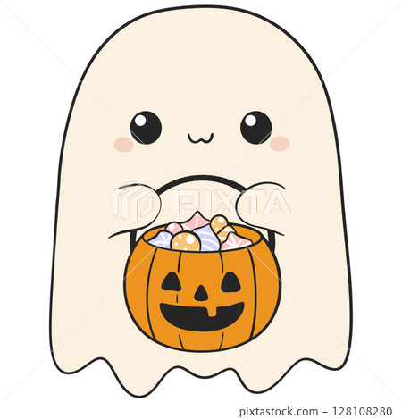 halloween cute ghost carrying a pumpkin candy bucket in flat cartoon style, perfect for trick or treat themes 128108280
