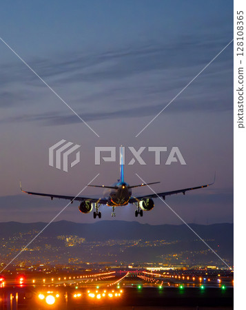 Jet plane landing at dusk 128108365