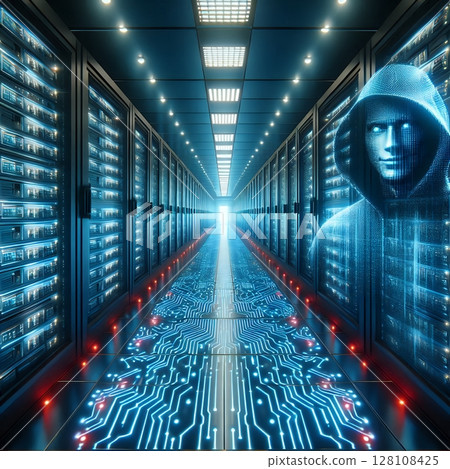 Cybersecurity Threat in Data Center for Digital Hacker in Futuristic Server Room with Generative AI. Cybersecurity Threat in Data Center for Digital Hacker in Futuristic Server Room with Generative AI. 128108425