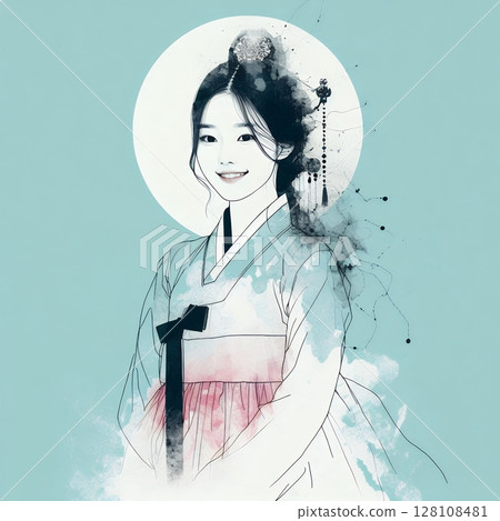 Korean woman in hanbok dress in splash ink painting with Generative AI. 128108481