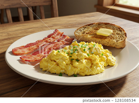 breakfast with scrambled eggs and bacon breakfast with scrambled eggs and bacon 128108534