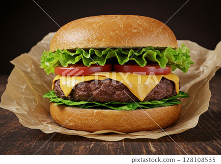 tasty hamburger with meat and vegetables 128108535