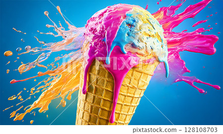 五彩繽紛的爆裂冰淇淋蛋筒 128108703