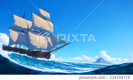 Illustration of a sailing ship sailing on a blue sea 128108719