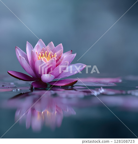 Pink lotus flower close up with soft reflection on water, peaceful and serene atmosphere Pink lotus flower close up with soft reflection on water, peaceful and serene atmosphere 128108723