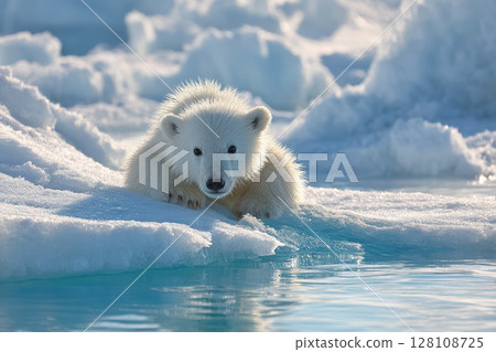 Polar bear cub ice snow arctic water playful winter wildlife cold nature animal Polar bear cub ice snow arctic water playful winter wildlife cold nature animal 128108725