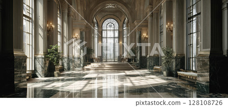 Grand bank lobby marble floor arched window sunlight elegant classical luxurious spacious Grand bank lobby marble floor arched window sunlight elegant classical luxurious spacious 128108726