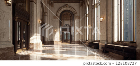 Grand bank lobby, marble floor, arched windows, elegant lighting, classic architecture Grand bank lobby, marble floor, arched windows, elegant lighting, classic architecture 128108727