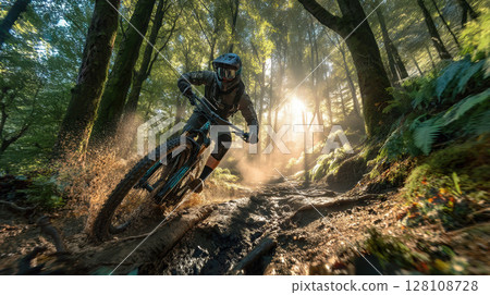 Mountain biker forest sunlight action mud adventure dynamic helmet Mountain biker forest sunlight action mud adventure dynamic helmet 128108728