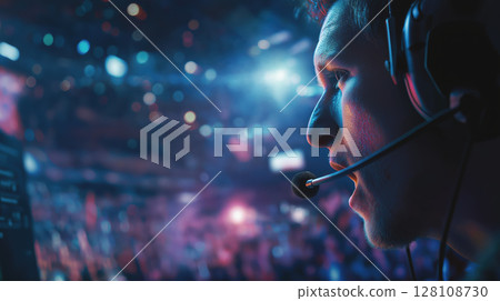 Professional esports commentator wearing headset focused during intense gaming tournament event Professional esports commentator wearing headset focused during intense gaming tournament event 128108730