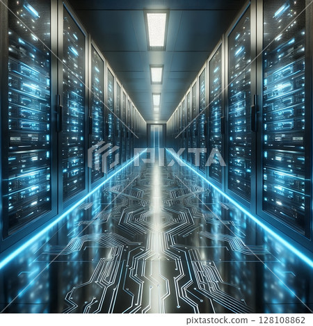 Futuristic Data Center with Glowing Circuit Floor and Blue Server Racks and Advanced Digital Technology Infrastructure with Generative AI. 128108862