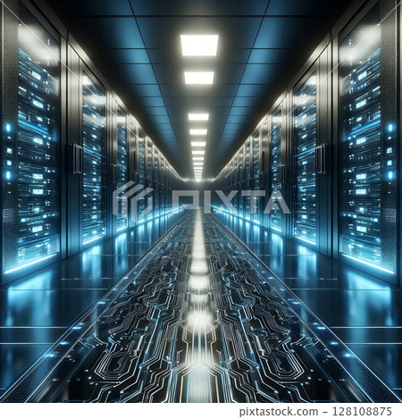 Futuristic Data Center with Glowing Circuit Floor and Blue Server Racks and Advanced Digital Technology Infrastructure with Generative AI. Futuristic Data Center with Glowing Circuit Floor and Blue Server Racks and Advanced Digital Technology Infrastructure with Generative AI. 128108875