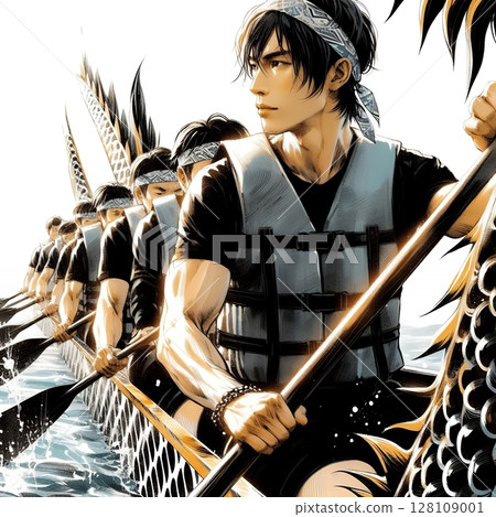 Dragon Boat Festival Celebration and Dragon Boat Race Scene with Generative AI. 128109001