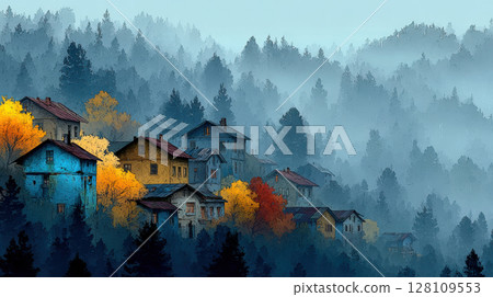 Colorful houses nestled in misty forest create serene and enchanting landscape 128109553