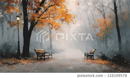 Misty autumn park scene with empty benches and vibrant orange leaves creates serene atmosphere 128109578