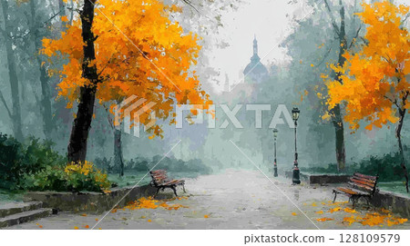 Misty autumn park with vibrant orange trees and empty benches, creating serene and peaceful atmosphere 128109579