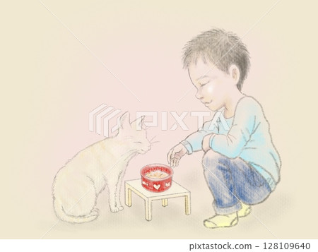 一個男孩在室內餵貓 128109640