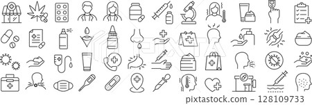 一組向量單色藥房線圖標 128109733