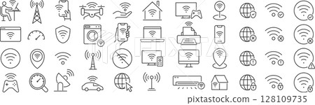 Vector monochrome Wi-Fi line icon set 128109735