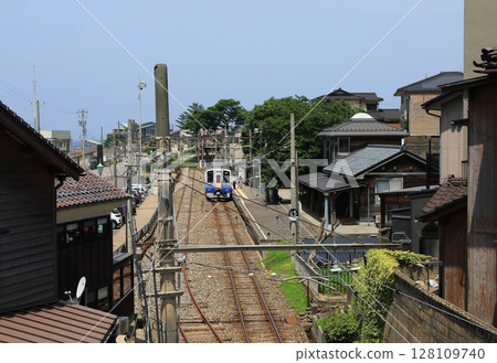 Panoramic view of Echizen Railway Mikuni Port Station and train 128109740