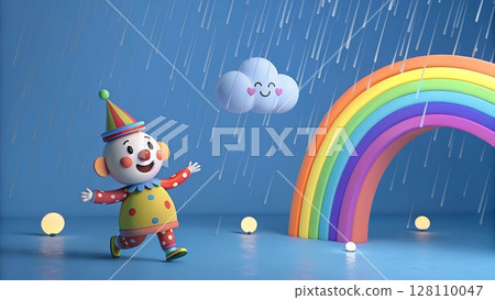 Joyful 3D Clown Walks Toward Rainbow with Outstretched Arms Under Smiling Cloud in Whimsical Scene with Light Rainfall 128110047