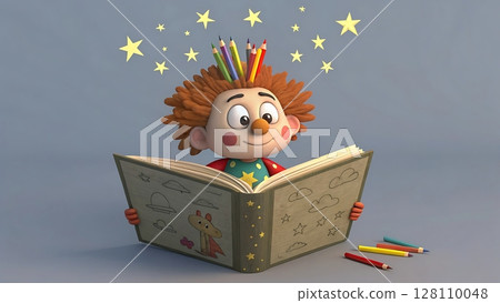 Whimsical Cartoon Boy with Crown Reading Storybook Surrounded by Sparkles and Pencils in Clay Style Illustration Scene 128110048