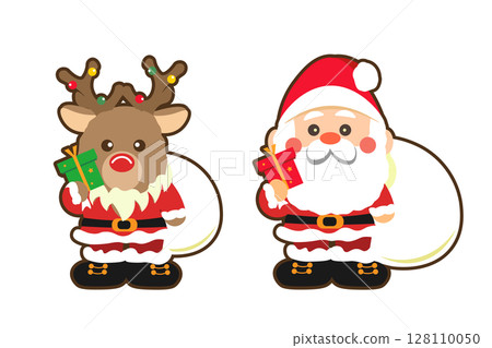 Illustration of Santa Claus carrying presents and a reindeer dressed as Santa Illustration of Santa Claus carrying presents and a reindeer dressed as Santa 128110050