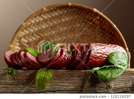 Sliced salami on a old wooden board. 128110297