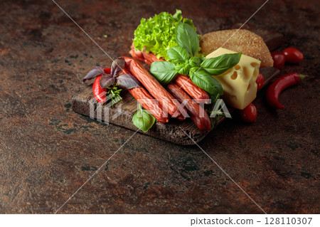 Thin smoked sausages with cheese, bread, and greens. 128110307