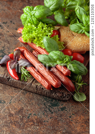 Thin smoked sausages with bread and greens. 128110308