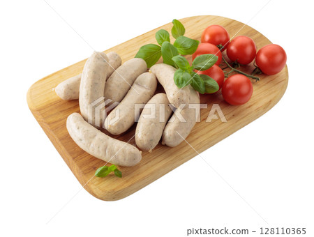 Bavarian white sausages with basil and tomatoes isolated on a white background. Bavarian white sausages with basil and tomatoes isolated on a white background. 128110365