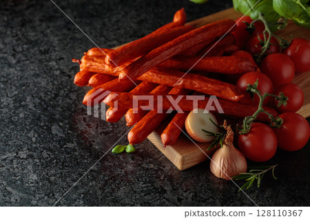 Kabanos sausages with basil, onion, rosemary, and tomatoes. 128110367