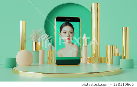 Beauty reflected on a smartphone screen — A new era of visuals where cosmetics and digital come together 128110666