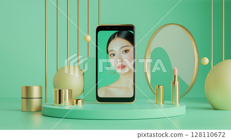 Beauty reflected on a smartphone screen — A new era of visuals where cosmetics and digital come together 128110672