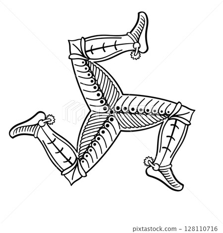 Triskelion of three bent human legs in armor. Triskele motif, a triple leg, appearing to run and hint clockwise movement. Symbol since Hellenistic period, used in Isle of Man flag and coat of arms. Triskelion of three bent human legs in armor. Triskele motif, a triple leg, appearing to run and hint clockwise movement. Symbol since Hellenistic period, used in Isle of Man flag and coat of arms. 128110716