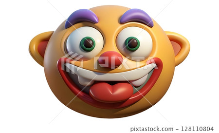 Whimsical Yellow Cartoon Clown Head with Green Eyes Red Nose and Tongue Out Rendered in Playful 3D Clay Style on White Whimsical Yellow Cartoon Clown Head with Green Eyes Red Nose and Tongue Out Rendered in Playful 3D Clay Style on White 128110804