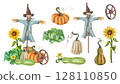 Autumn garden composition with a scarecrow and a harvest of seasonal vegetables. Pumpkins, zucchini, sunflowers, cabbage. Halloween and fall decor for posters and postcards. Isolated illustration 128110850