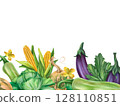 Frame of autumn harvest of ripe pumpkins, cabbage, corn, eggplant, zucchini. Fresh farm vegetables, healthy organic food. Garden plants, agriculture. Nature agronomy rural life. Isolated illustration 128110851