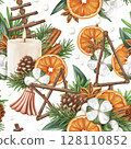 Seamless Christmas pattern made of natural organic decorations, pine branch, cone, orange, candle, bell. Sustainable Christmas celebration, winter recyclable materials. Hand drawn drawing, background 128110852
