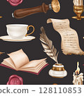 Seamless pattern with retro inkwell and writing pen, diary, stamp, tea cup, candle holder, parchment. Old schools, education, Victorian style, information and teaching, manuscripts and letters 128110853