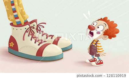 Tiny Cartoon Clown Stares Fearfully at Giant Cream High Top Sneaker in Whimsical Scene with Soft Pink Background 128110919