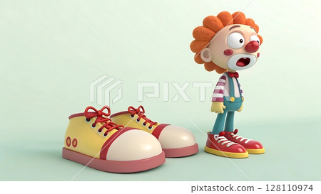 Cartoon Clown in Clay Style Stands Amazed Beside Oversized Yellow Shoes on Pale Mint Green Background in 3D Animation 128110974